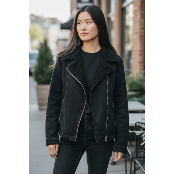 Time and Tru Black Denim Moto Jacket Sz Large 12/14 Sherpa Lined Full Zip Warm - Picture 2 of 9